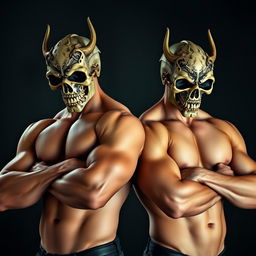 Two muscular shirtless men wearing intricate skull masks, standing confidently with their arms folded over their chests