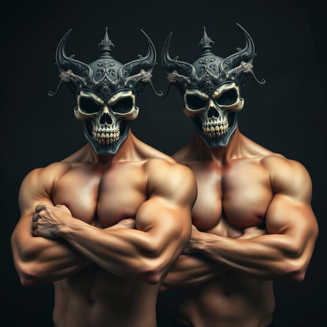 Two muscular shirtless men wearing intricate skull masks, standing confidently with their arms folded over their chests