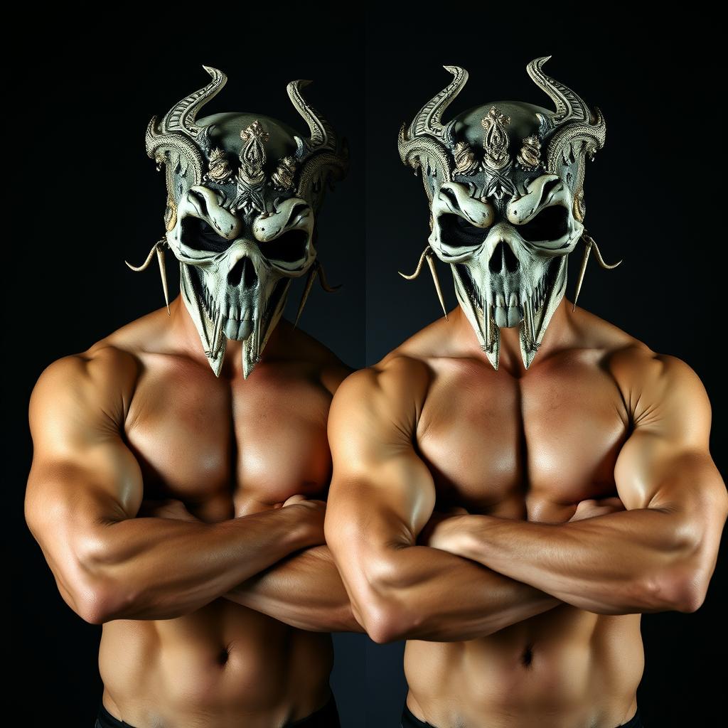 Two muscular shirtless men wearing intricate skull masks, standing confidently with their arms folded over their chests