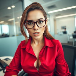 A close-up shot focusing on a sexy female figure with brunette hair, wearing stylish glasses and a vibrant red blouse that accentuates her large chest and showcases her cleavage