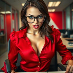 A close-up shot focusing on a sexy female figure with brunette hair, wearing stylish glasses and a vibrant red blouse that accentuates her large chest and showcases her cleavage