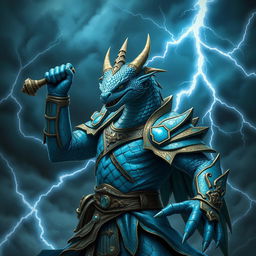 A Blue Dragonborn tempest cleric, showcasing stunning iridescent scales inspired by kintsugi pottery, with golden seams enhancing the cracked surfaces