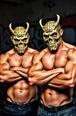 Two muscular shirtless men, both wearing intricate skull face masks, standing confidently with their arms crossed over their chests