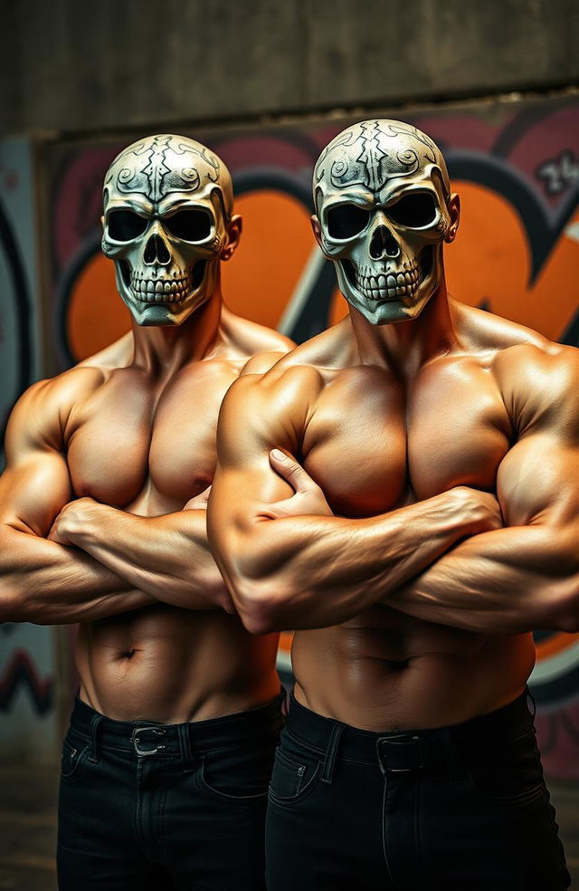 Two muscular shirtless men, both wearing intricate skull face masks, standing confidently with their arms crossed over their chests