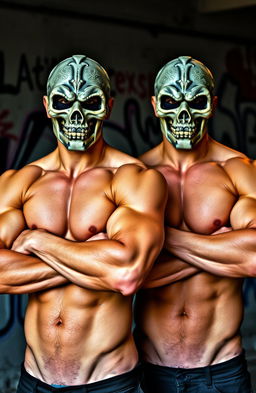 Two muscular shirtless men, both wearing intricate skull face masks, standing confidently with their arms crossed over their chests