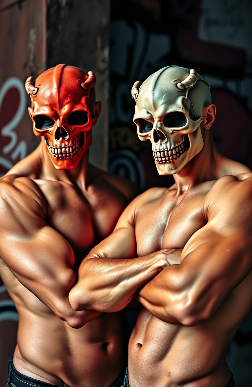 Two muscular shirtless men, both wearing intricate skull face masks, standing confidently with their arms crossed over their chests