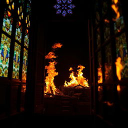 A captivating perspective from inside a cathedral, looking through a beautifully detailed stained glass window towards a raging fire outside