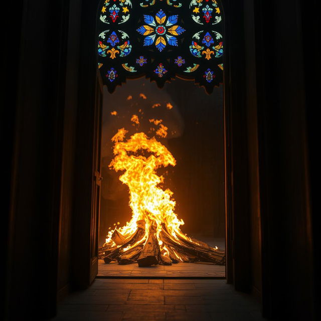 A captivating perspective from inside a cathedral, looking through a beautifully detailed stained glass window towards a raging fire outside