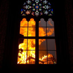 A captivating perspective from inside a cathedral, looking through a beautifully detailed stained glass window towards a raging fire outside