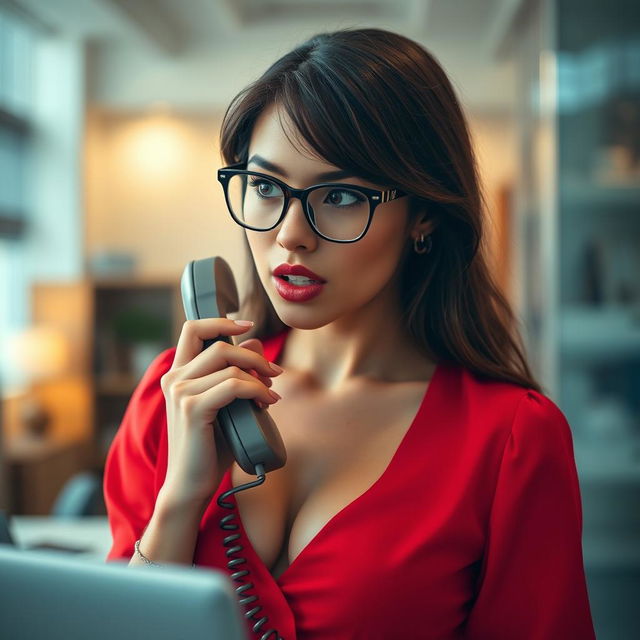 A close-up shot focusing on a sexy female with brunette hair wearing glasses