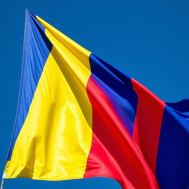 The flag of Romania, showcasing three vertical stripes in a bold color scheme: a deep royal blue on the left, a bright and vibrant yellow in the center, and a rich crimson red on the right