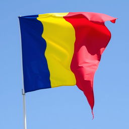 The flag of Romania, showcasing three vertical stripes in a bold color scheme: a deep royal blue on the left, a bright and vibrant yellow in the center, and a rich crimson red on the right