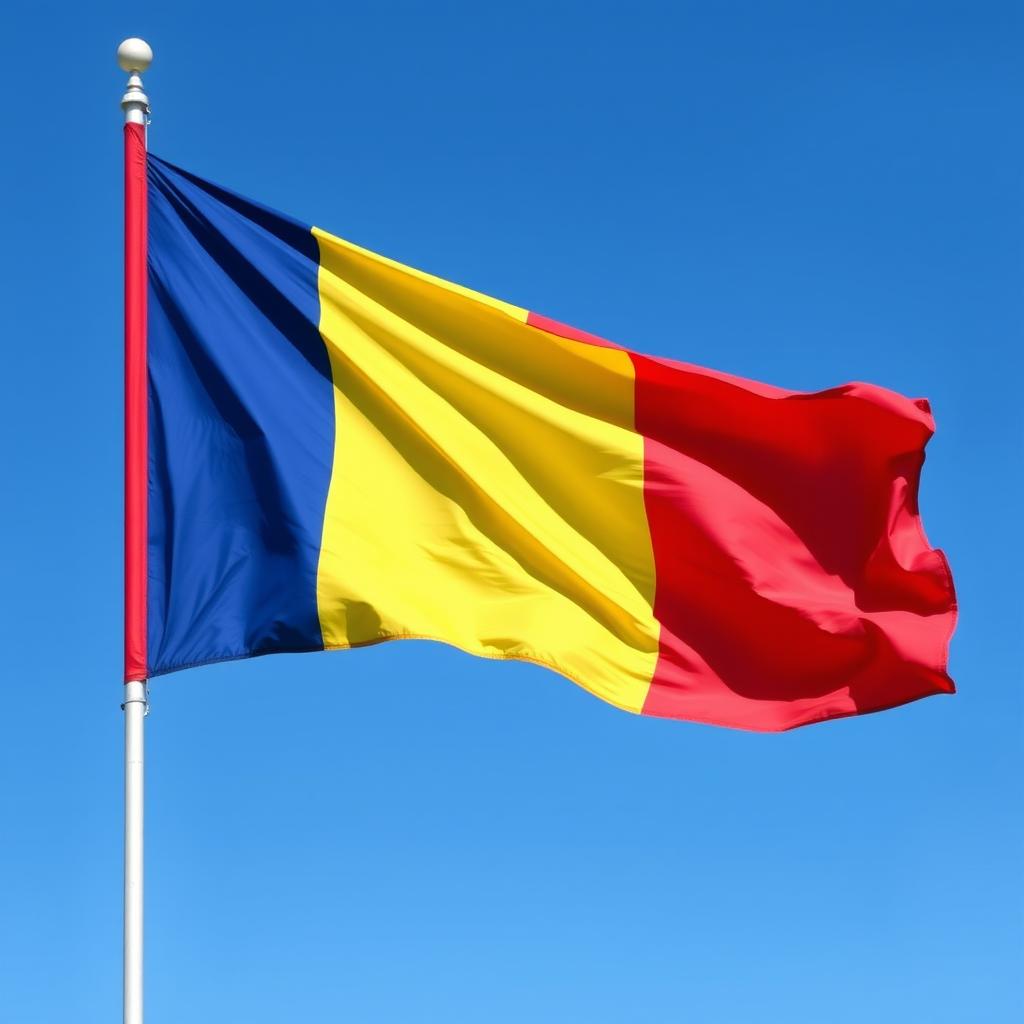 The flag of Romania, showcasing three vertical stripes in a bold color scheme: a deep royal blue on the left, a bright and vibrant yellow in the center, and a rich crimson red on the right