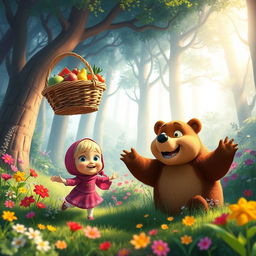 A whimsical scene featuring Masha, a small girl with a cheerful demeanor, dressed in her signature pink dress and scarf, accompanied by Bear, a large, friendly brown bear with a warm smile