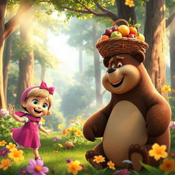 A whimsical scene featuring Masha, a small girl with a cheerful demeanor, dressed in her signature pink dress and scarf, accompanied by Bear, a large, friendly brown bear with a warm smile
