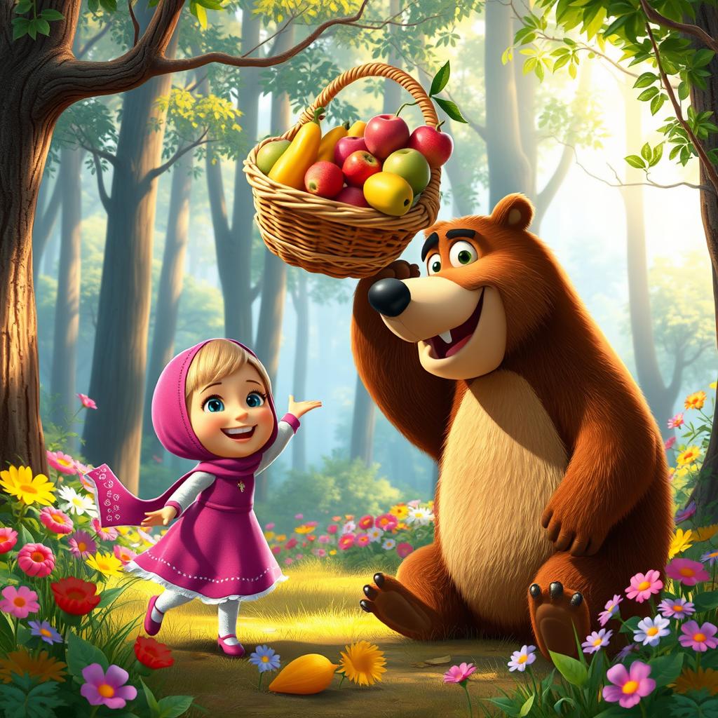 A whimsical scene featuring Masha, a small girl with a cheerful demeanor, dressed in her signature pink dress and scarf, accompanied by Bear, a large, friendly brown bear with a warm smile