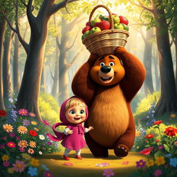 A whimsical scene featuring Masha, a small girl with a cheerful demeanor, dressed in her signature pink dress and scarf, accompanied by Bear, a large, friendly brown bear with a warm smile