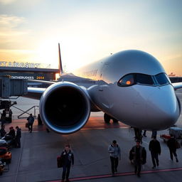 An Airbus A350-900 aircraft parked at a modern international airport gate, showcasing its sleek and aerodynamic design