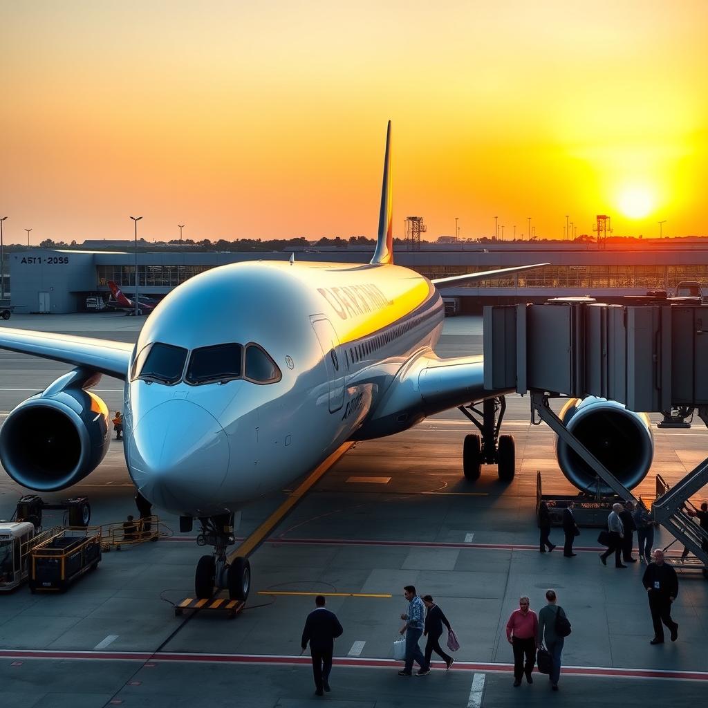 An Airbus A350-900 aircraft parked at a modern international airport gate, showcasing its sleek and aerodynamic design