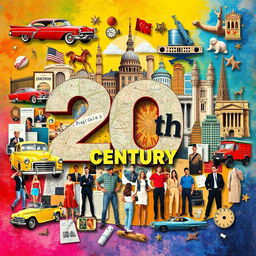 A vibrant collage representing key themes, events, and styles of the 20th century