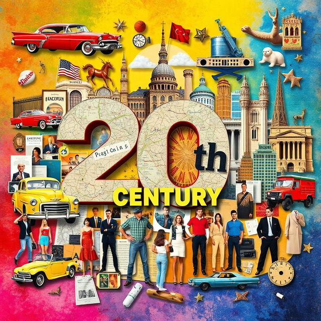 A vibrant collage representing key themes, events, and styles of the 20th century