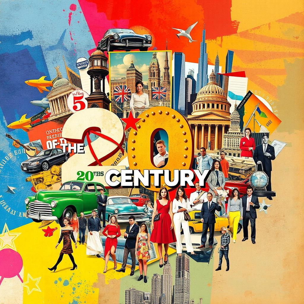 A vibrant collage representing key themes, events, and styles of the 20th century