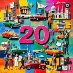 A vibrant collage representing key themes, events, and styles of the 20th century