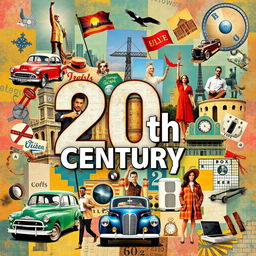 A vibrant collage representing key themes, events, and styles of the 20th century