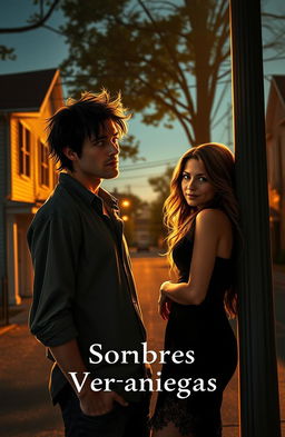 A summer evening in the town of Derry, Maine, depicting a story titled "Sombras Veraniegas", featuring Nicholas Hamilton, a tall man with tousled dark hair and intense eyes, standing on a shadowy street corner, looking both distraught and captivated by Maryanne, a beautiful woman with long flowing hair and a mysterious smile