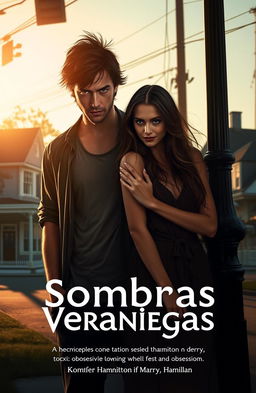 A summer evening in the town of Derry, Maine, depicting a story titled "Sombras Veraniegas", featuring Nicholas Hamilton, a tall man with tousled dark hair and intense eyes, standing on a shadowy street corner, looking both distraught and captivated by Maryanne, a beautiful woman with long flowing hair and a mysterious smile