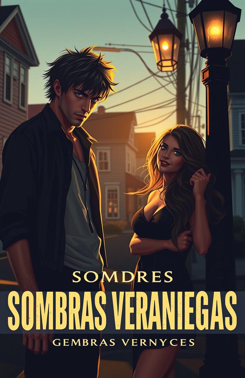 A summer evening in the town of Derry, Maine, depicting a story titled "Sombras Veraniegas", featuring Nicholas Hamilton, a tall man with tousled dark hair and intense eyes, standing on a shadowy street corner, looking both distraught and captivated by Maryanne, a beautiful woman with long flowing hair and a mysterious smile