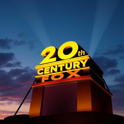 An artistic representation of the iconic 20th Century Fox logo, featuring the grand and majestic structure of the Fox tower, illuminated against a twilight sky