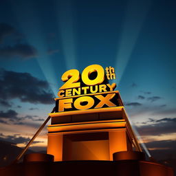 An artistic representation of the iconic 20th Century Fox logo, featuring the grand and majestic structure of the Fox tower, illuminated against a twilight sky