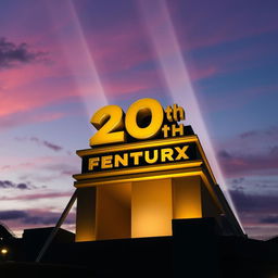 An artistic representation of the iconic 20th Century Fox logo, featuring the grand and majestic structure of the Fox tower, illuminated against a twilight sky