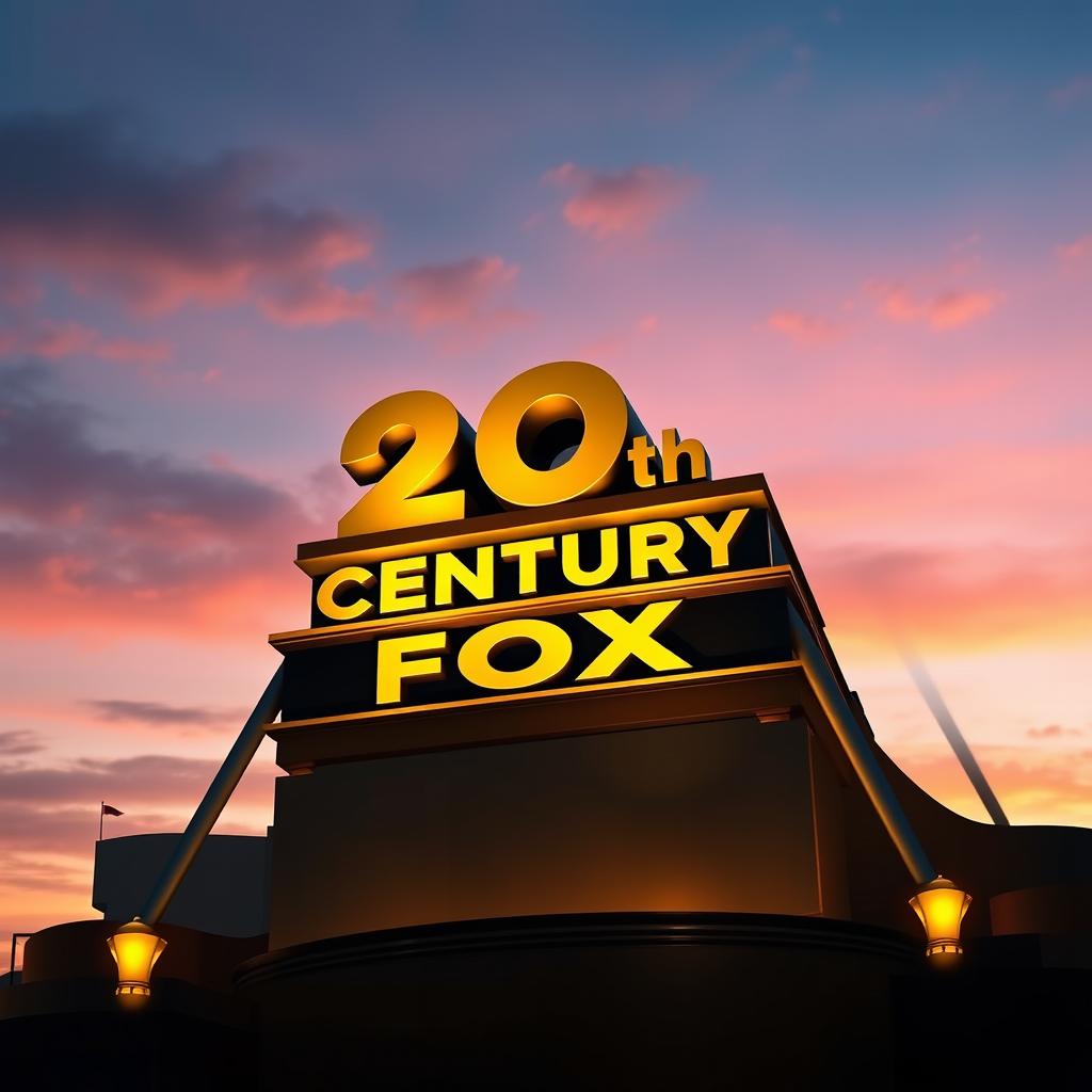 An artistic representation of the iconic 20th Century Fox logo, featuring the grand and majestic structure of the Fox tower, illuminated against a twilight sky