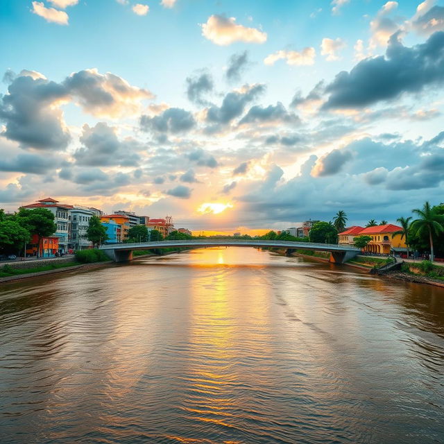 A picturesque scene featuring a vibrant cityscape with a wide river running through it, adorned with a modern bridge arching elegantly over the water