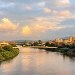 A picturesque scene featuring a vibrant cityscape with a wide river running through it, adorned with a modern bridge arching elegantly over the water