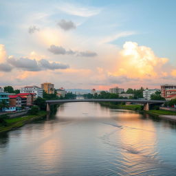 A picturesque scene featuring a vibrant cityscape with a wide river running through it, adorned with a modern bridge arching elegantly over the water