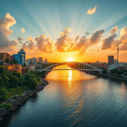 A picturesque scene featuring a vibrant cityscape with a wide river running through it, adorned with a modern bridge arching elegantly over the water