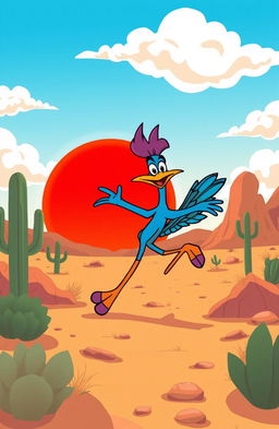 A whimsical scene featuring a desert landscape with a playful and cartoonish road runner character in vibrant colors