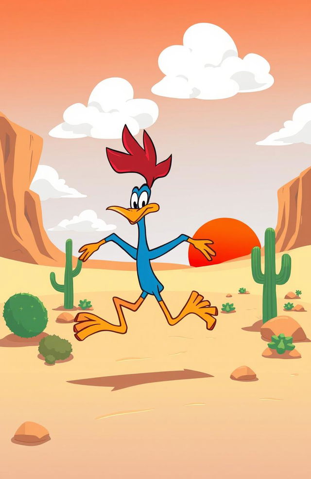 A whimsical scene featuring a desert landscape with a playful and cartoonish road runner character in vibrant colors