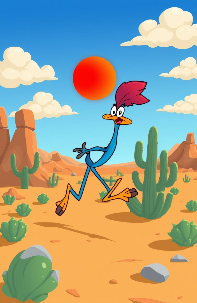 A whimsical scene featuring a desert landscape with a playful and cartoonish road runner character in vibrant colors