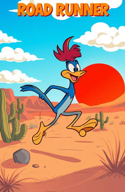 A whimsical scene featuring a desert landscape with a playful and cartoonish road runner character in vibrant colors