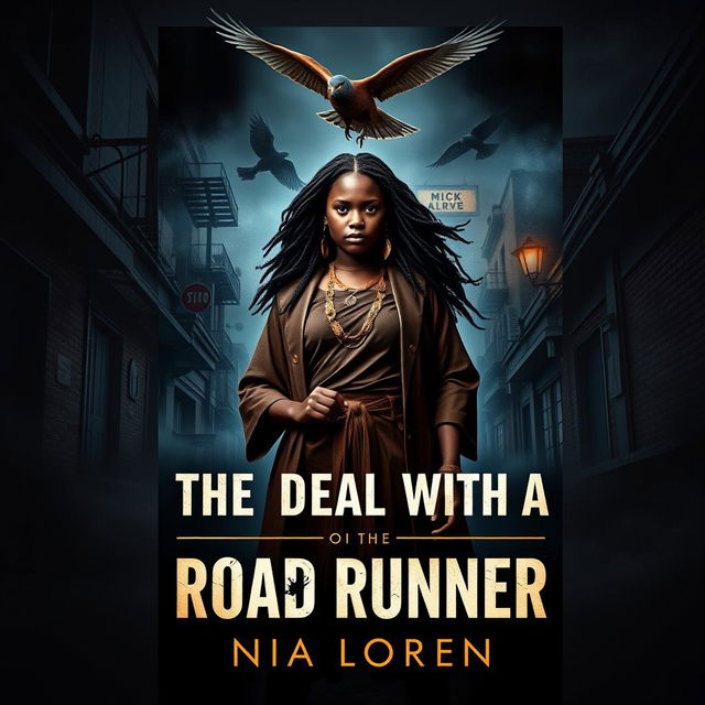 A striking book cover design for 'The Deal With A Road Runner' by Nia Loren, featuring a powerful black girl who is the head of the nine clans