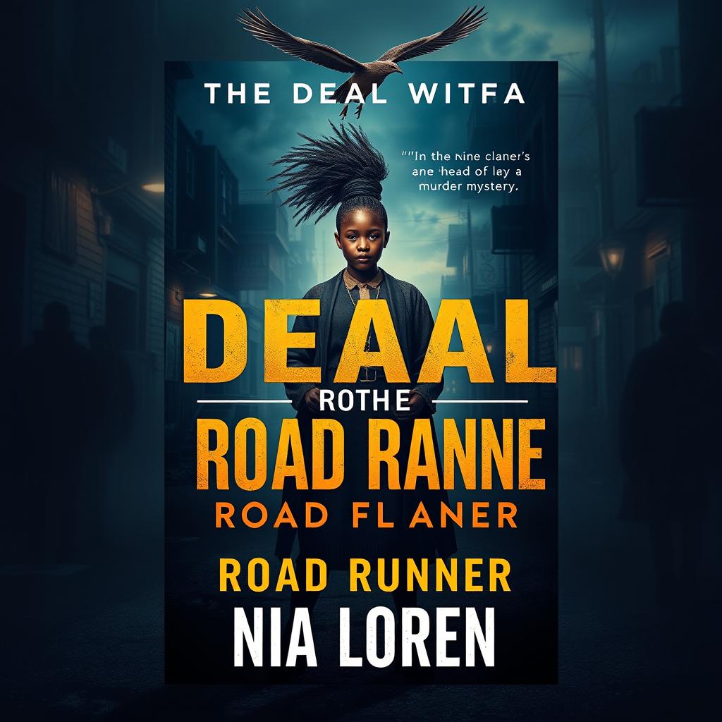 A striking book cover design for 'The Deal With A Road Runner' by Nia Loren, featuring a powerful black girl who is the head of the nine clans