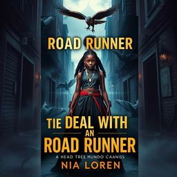 A striking book cover design for 'The Deal With A Road Runner' by Nia Loren, featuring a powerful black girl who is the head of the nine clans