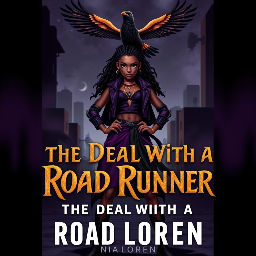 A captivating book cover design for 'The Deal With A Road Runner' by Nia Loren, showcasing a fierce black girl commanding attention as the leader of the nine clans