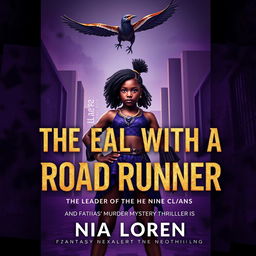 A captivating book cover design for 'The Deal With A Road Runner' by Nia Loren, showcasing a fierce black girl commanding attention as the leader of the nine clans