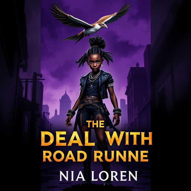 A captivating book cover design for 'The Deal With A Road Runner' by Nia Loren, showcasing a fierce black girl commanding attention as the leader of the nine clans