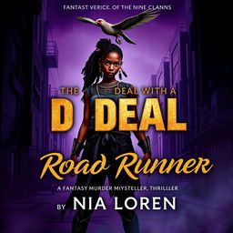 A captivating book cover design for 'The Deal With A Road Runner' by Nia Loren, showcasing a fierce black girl commanding attention as the leader of the nine clans